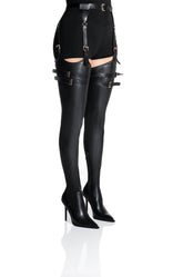 AZALEA WANG SEXY BELTED STRETCH PU STILETTO BOOT IN BLACK
