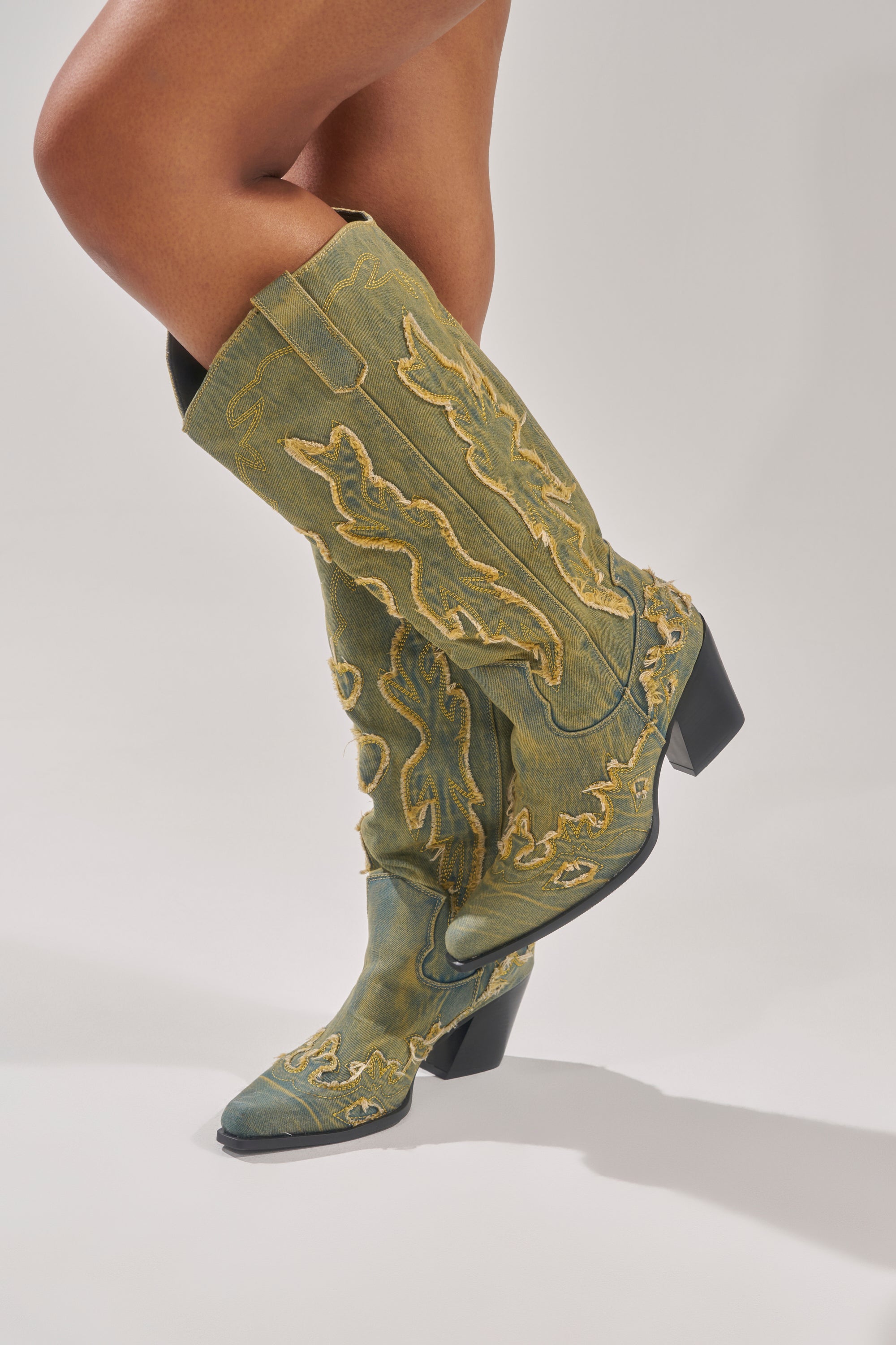 AZALEA WANG HEINRICH DENIM WESTERN LOW HEEL BOOT