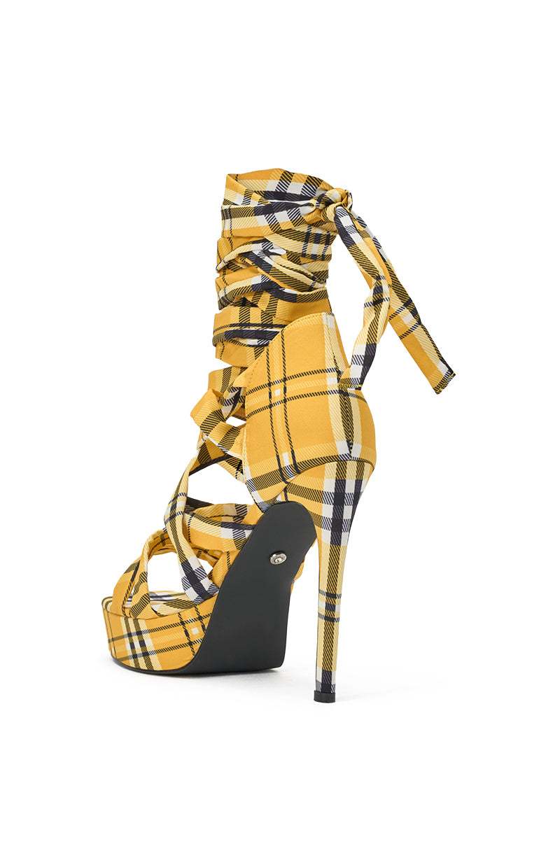 AZALEA WANG JEMISHA YELLOW PLAID PLATFORM LACE UP SANDAL