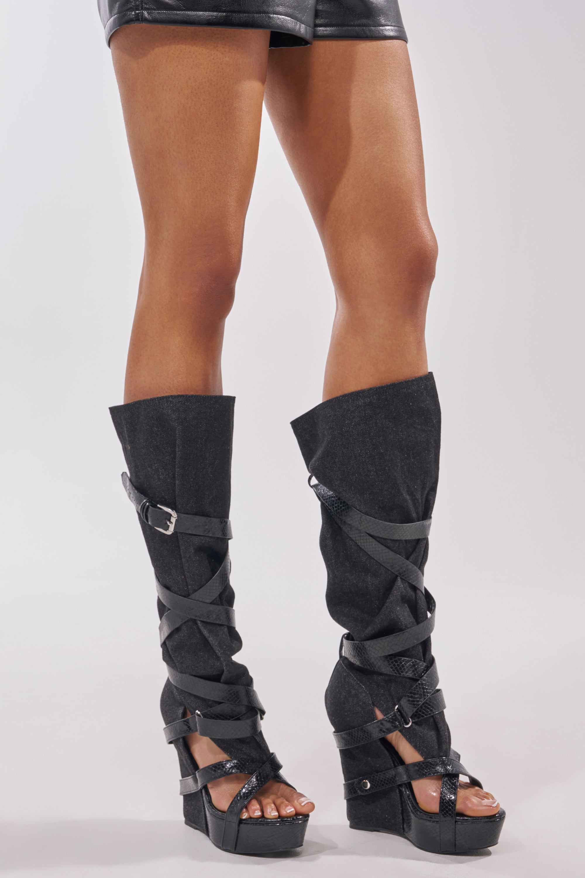 AZALEA WANG ROTHKID BLACK DENIM KNEE HIGH OPEN TOE BOOT