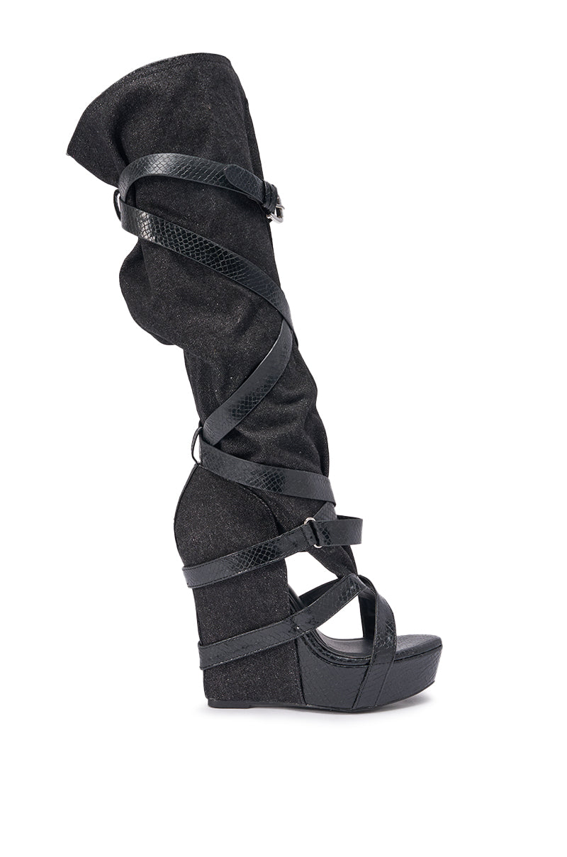 AZALEA WANG ROTHKID BLACK DENIM KNEE HIGH OPEN TOE BOOT