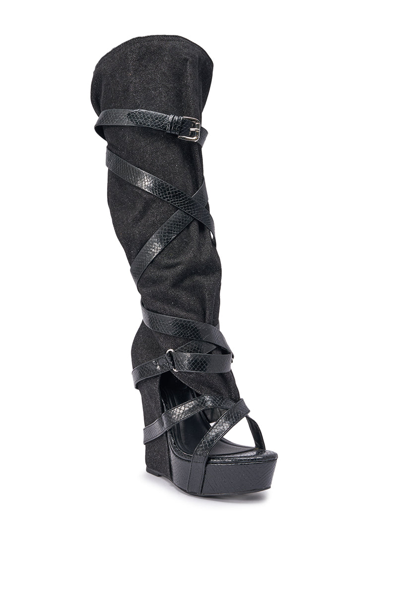 AZALEA WANG ROTHKID BLACK DENIM KNEE HIGH OPEN TOE BOOT