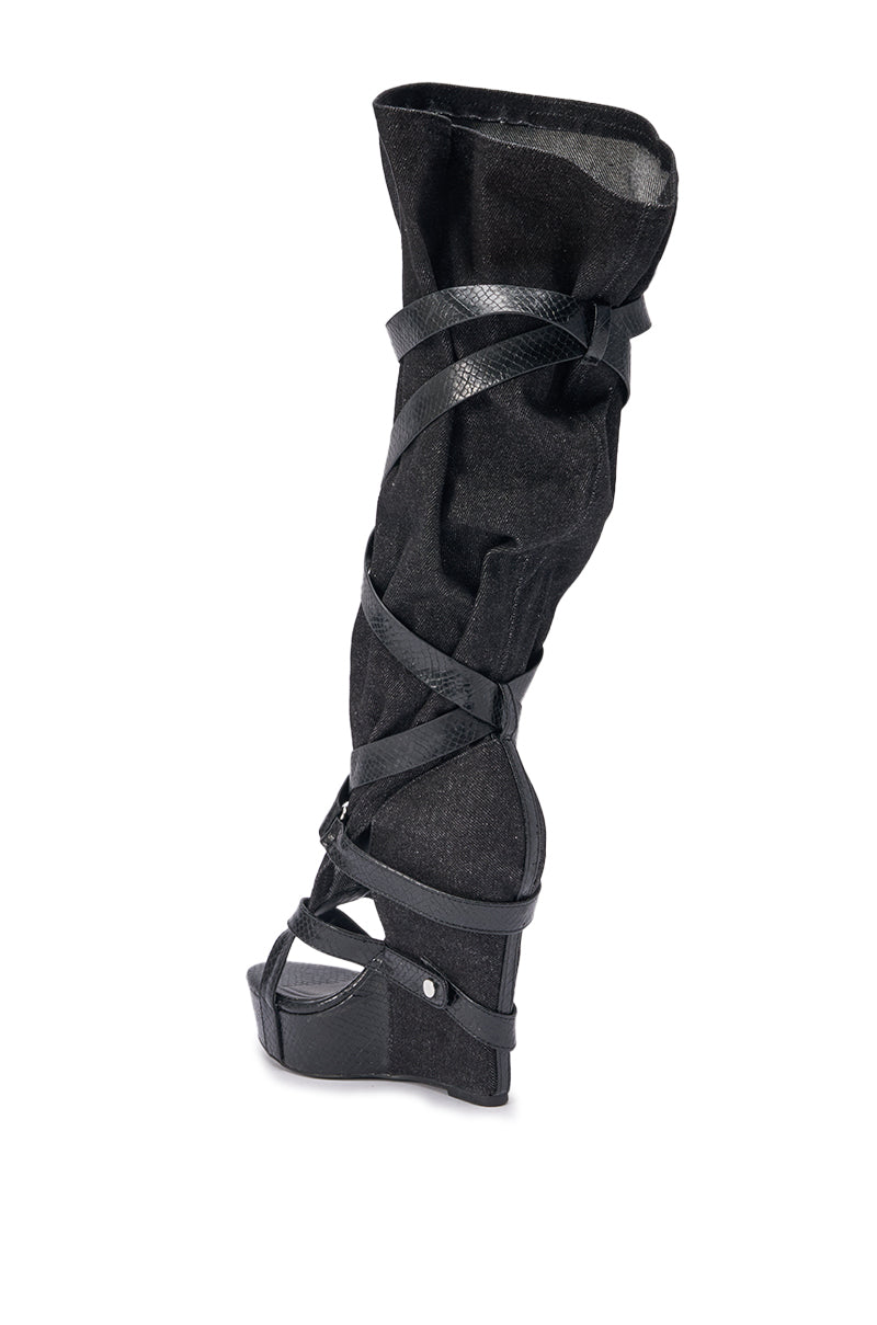 AZALEA WANG ROTHKID BLACK DENIM KNEE HIGH OPEN TOE BOOT