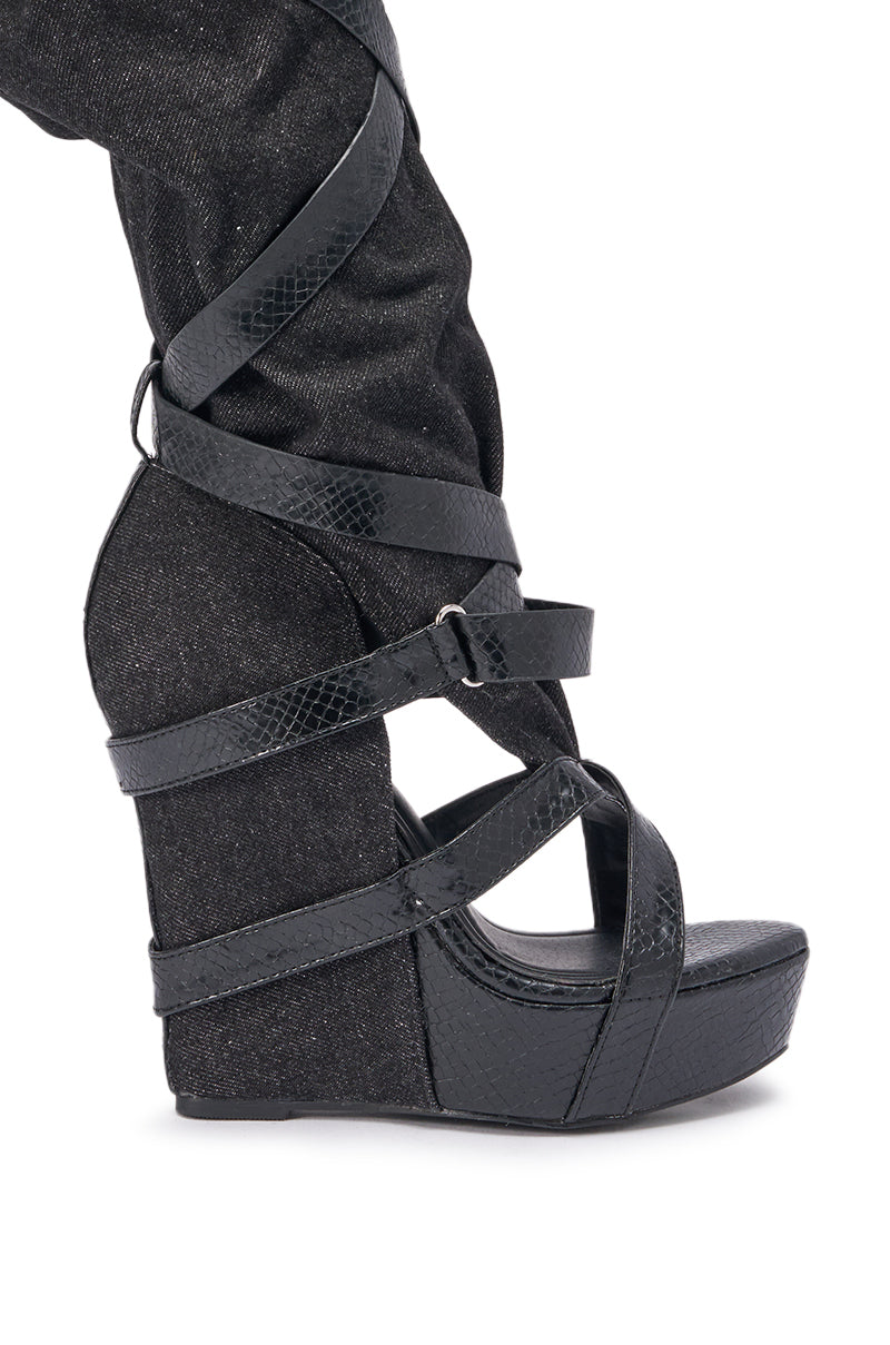 AZALEA WANG ROTHKID BLACK DENIM KNEE HIGH OPEN TOE BOOT