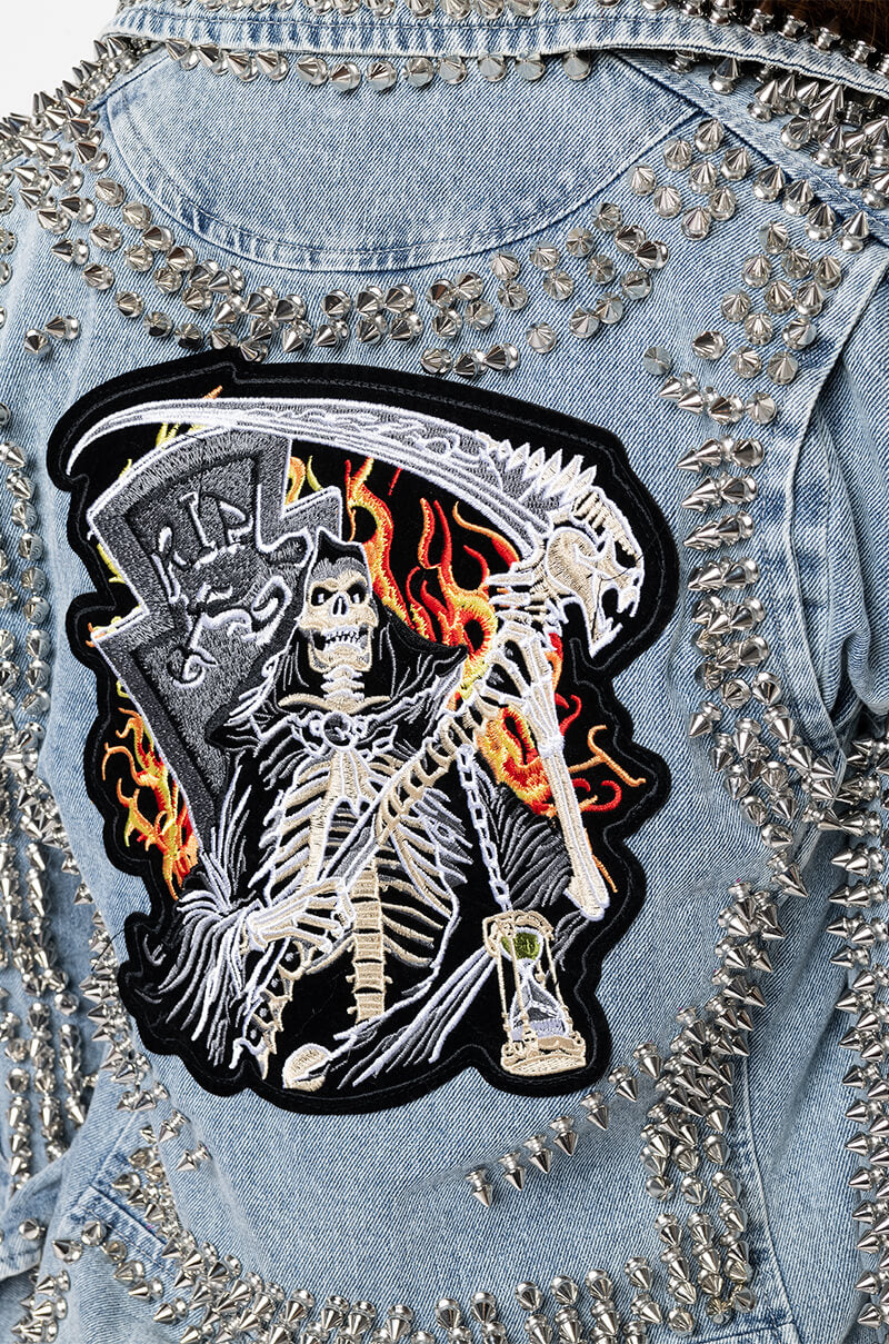 AZALEA WANG ACDC STUDDED PATCHWORK DENIM MOTO JACKET