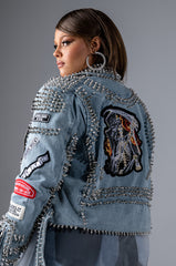 AZALEA WANG ACDC STUDDED PATCHWORK DENIM MOTO JACKET