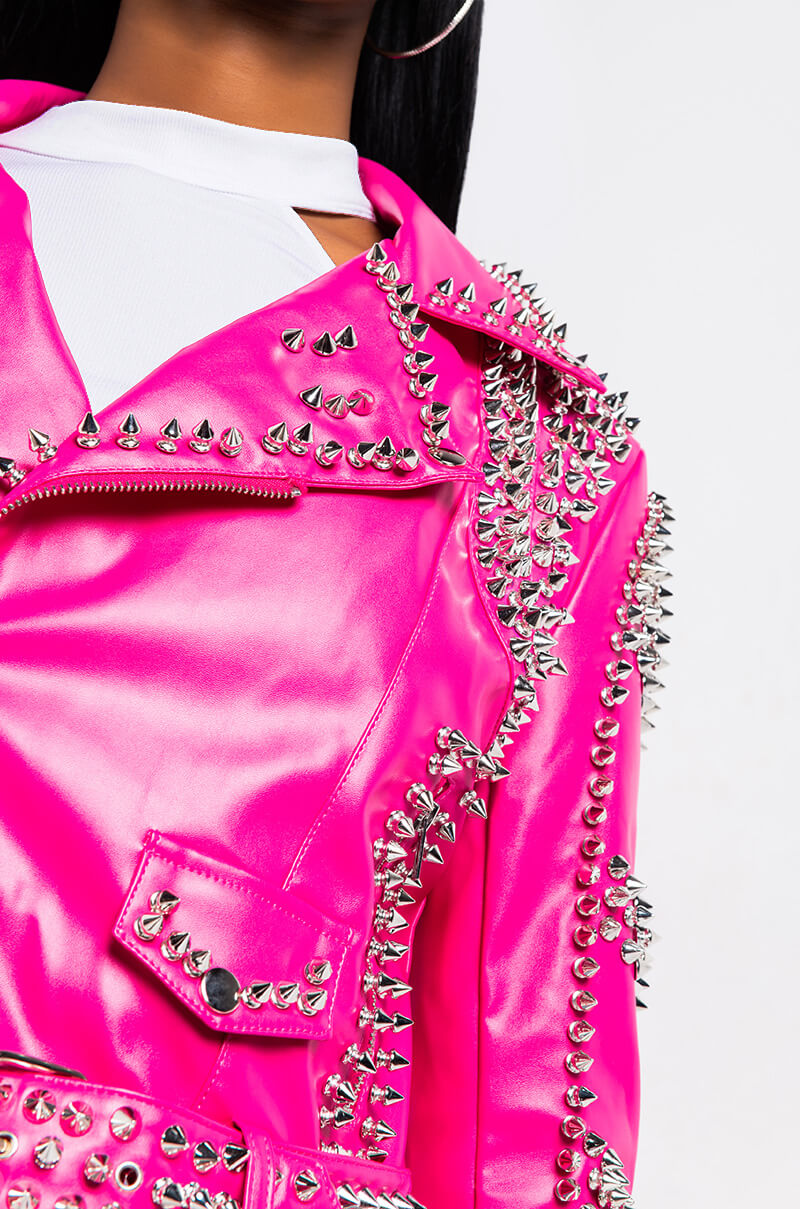 AZALEA WANG ALL PINK SOFI STUDDED MOTO JACKET