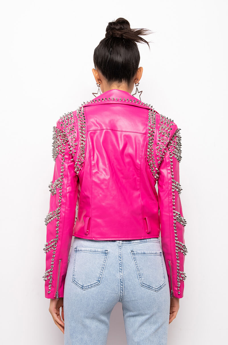 AZALEA WANG ALL PINK SOFI STUDDED MOTO JACKET