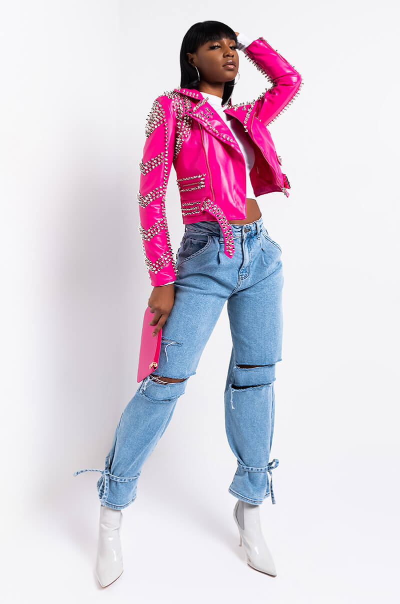 AZALEA WANG ALL PINK SOFI STUDDED MOTO JACKET