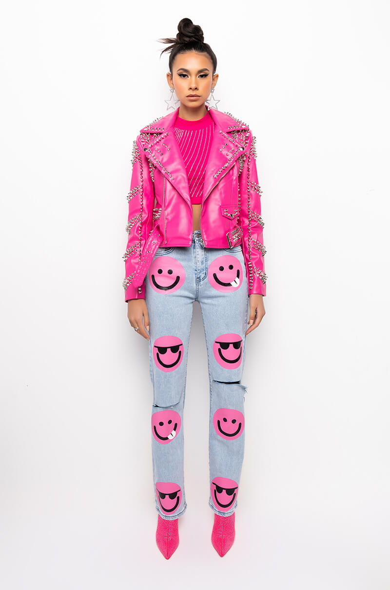 AZALEA WANG ALL PINK SOFI STUDDED MOTO JACKET