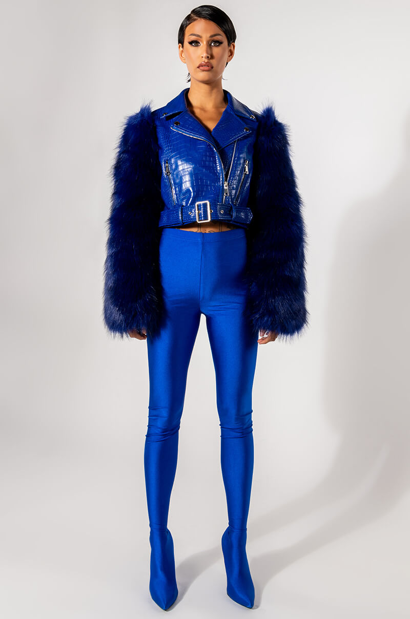 AZALEA WANG BLUE NOLLA FAUX FUR ARMS CROC MOTO JACKET