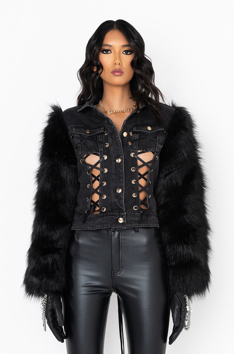 AZALEA WANG CRUSH ON YOU LACE UP DENIM JACKET