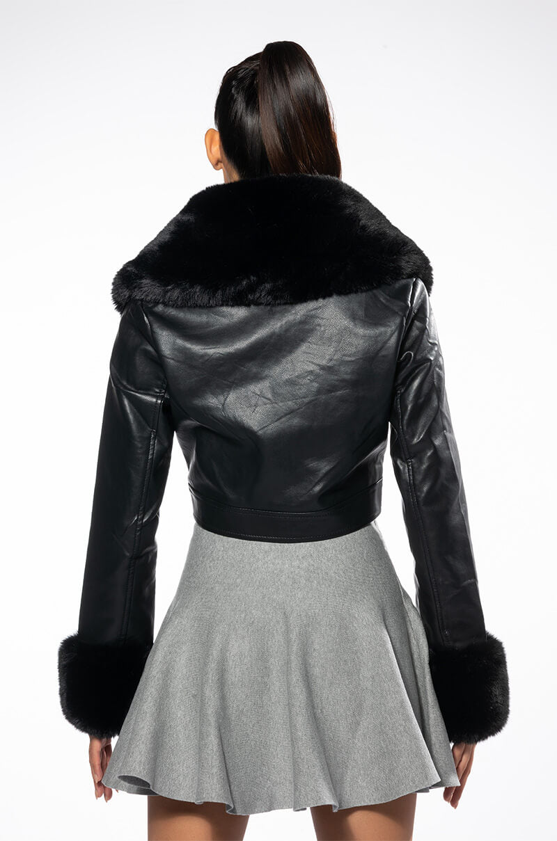 AZALEA WANG FUR TRIM GISELLE CROP JACKET IN BLACK