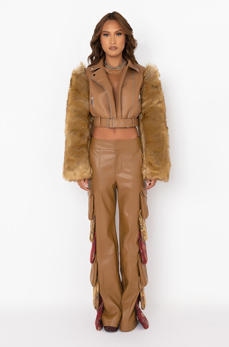 AZALEA WANG NOLLIE FAUX FUR ARMS MOTO JACKET