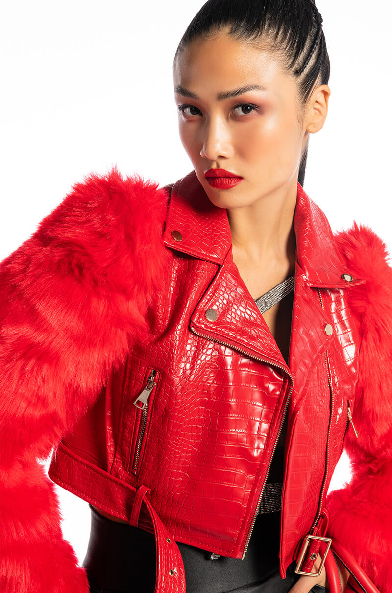 AZALEA WANG RED NOLLA FAUX FUR ARMS CROC MOTO JACKET