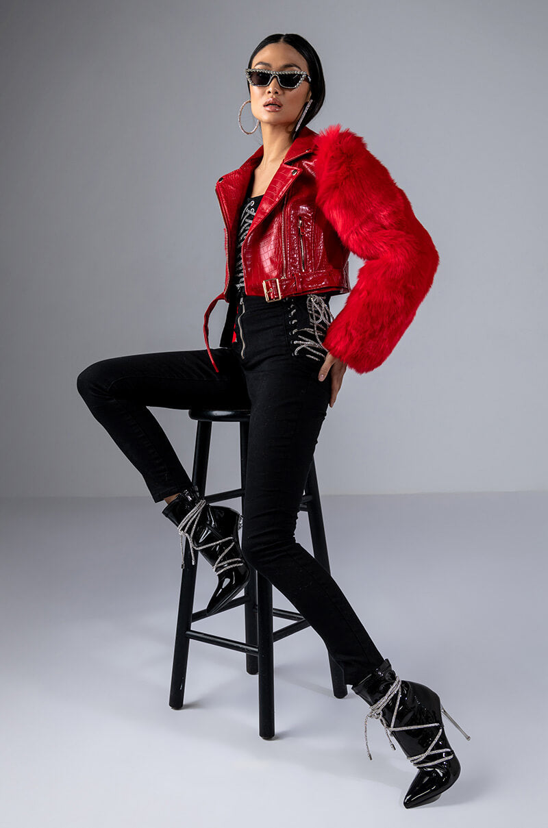 AZALEA WANG RED NOLLA FAUX FUR ARMS CROC MOTO JACKET