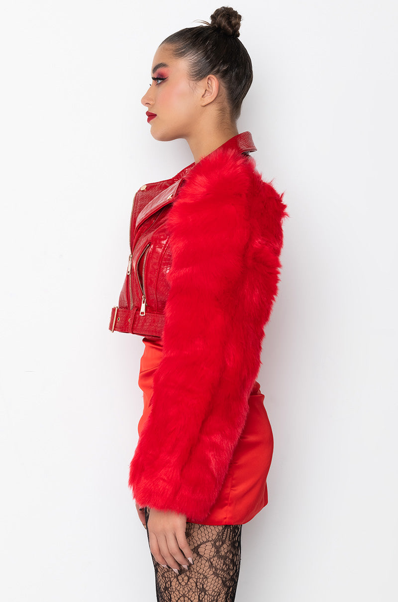 AZALEA WANG RED NOLLA FAUX FUR ARMS CROC MOTO JACKET