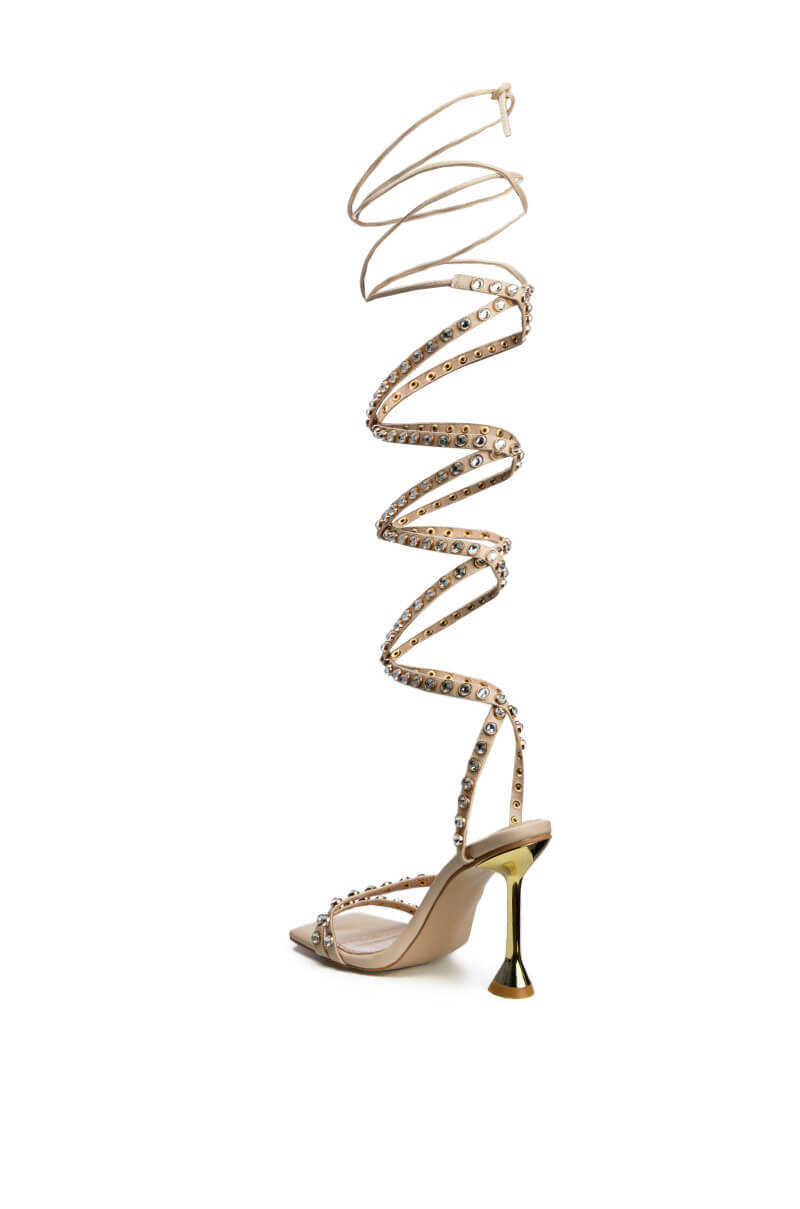 AZALEA WANG SANDY STRAP UP BLING CHUNKY HEEL IN BEIGE