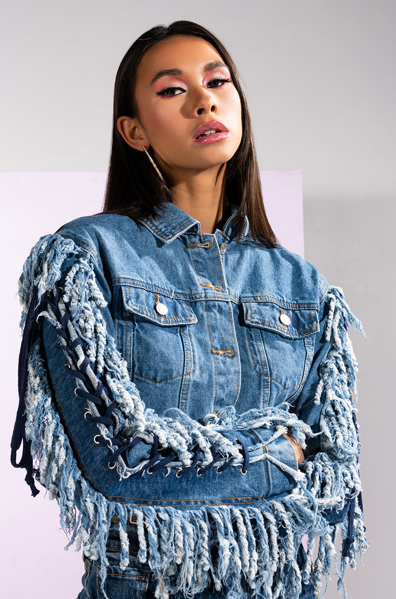 AZALEA WANG RINNA LACE UP FRINGE DENIM JACKET