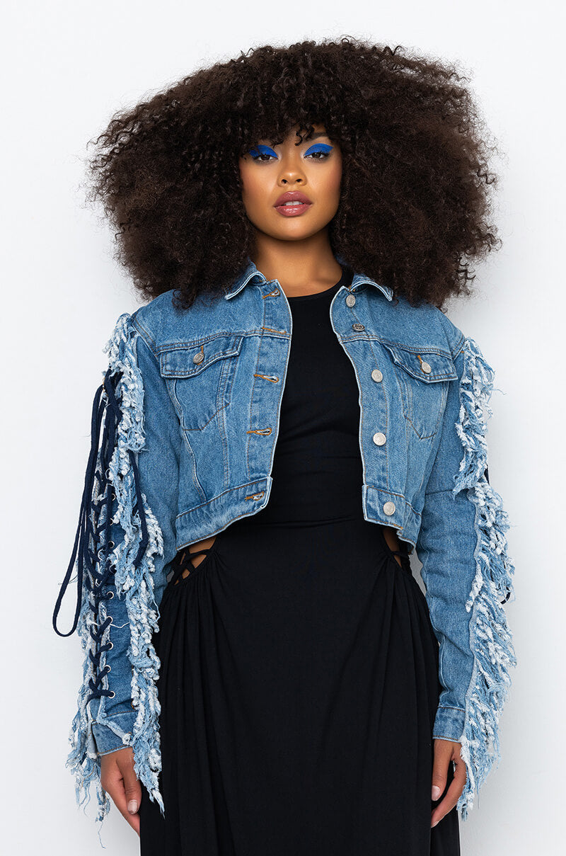 AZALEA WANG RINNA LACE UP FRINGE DENIM JACKET