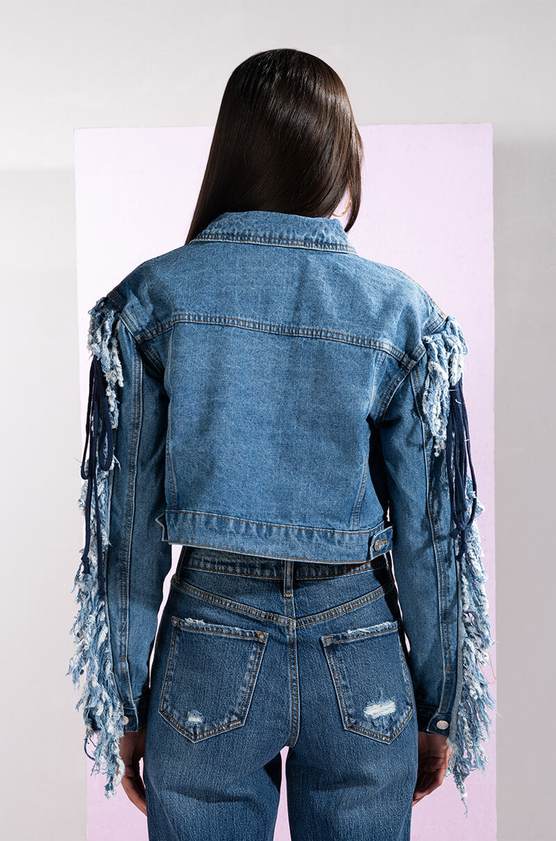 AZALEA WANG RINNA LACE UP FRINGE DENIM JACKET